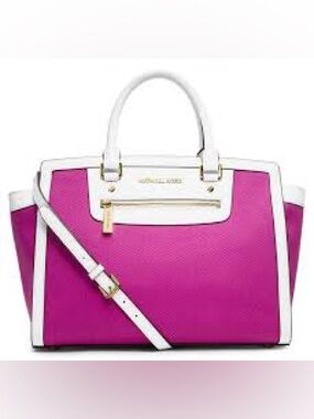 Michael Kors Fuchsia and White Leather Satchel with Gold Hardware (Selma)